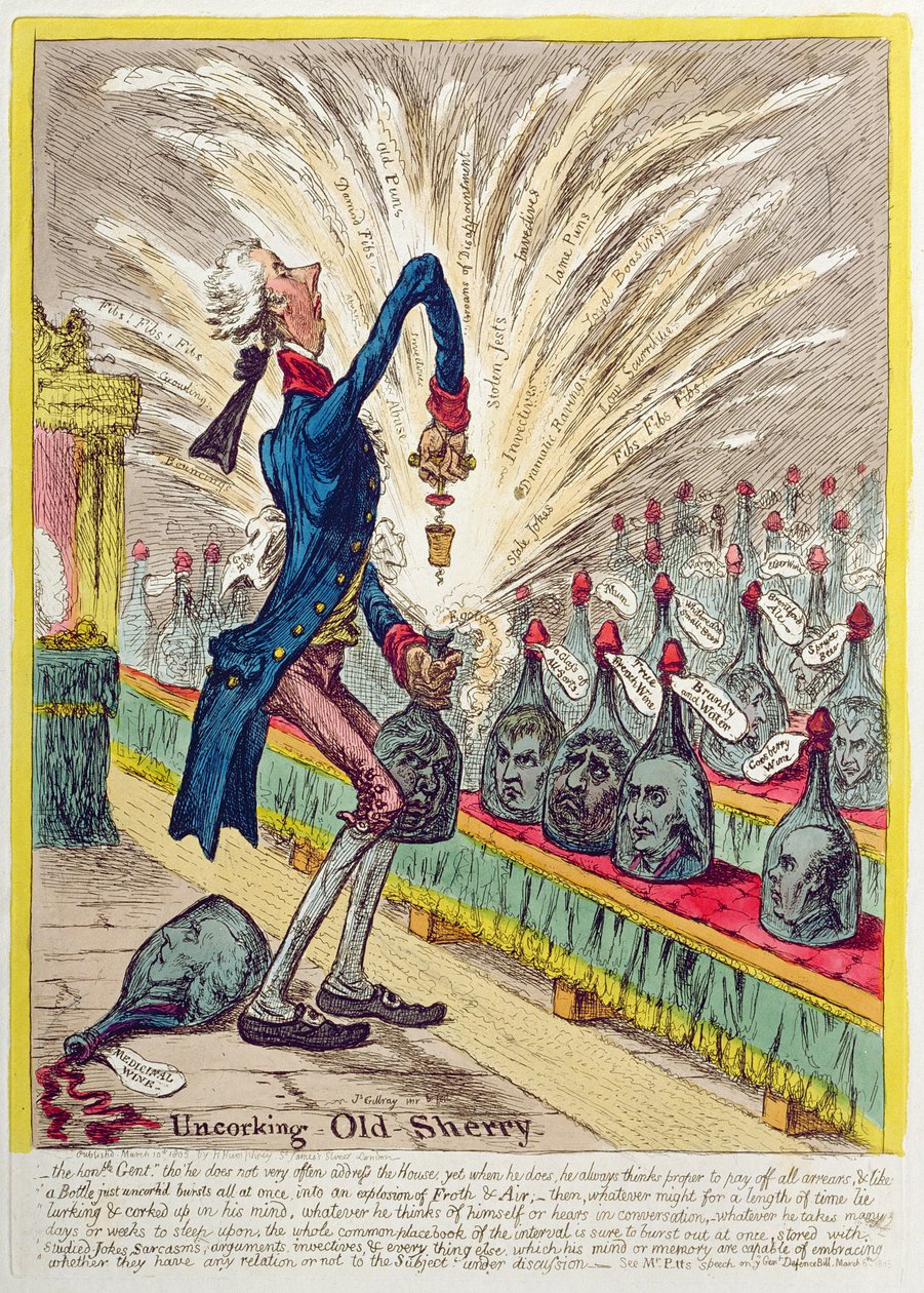 Uncorking Old Sherry, Hannah Humphrey adta ki 1805-ben (kézzel színezett rézkarc) alkotó: James Gillray