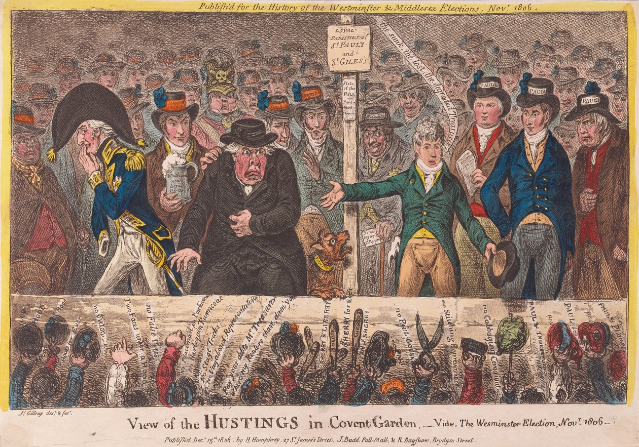 Hustings kilátása Covent Gardenben – A westminsteri választás 1806. november, pub. 1806 (kézzel színezett metszet) alkotó: James Gillray
