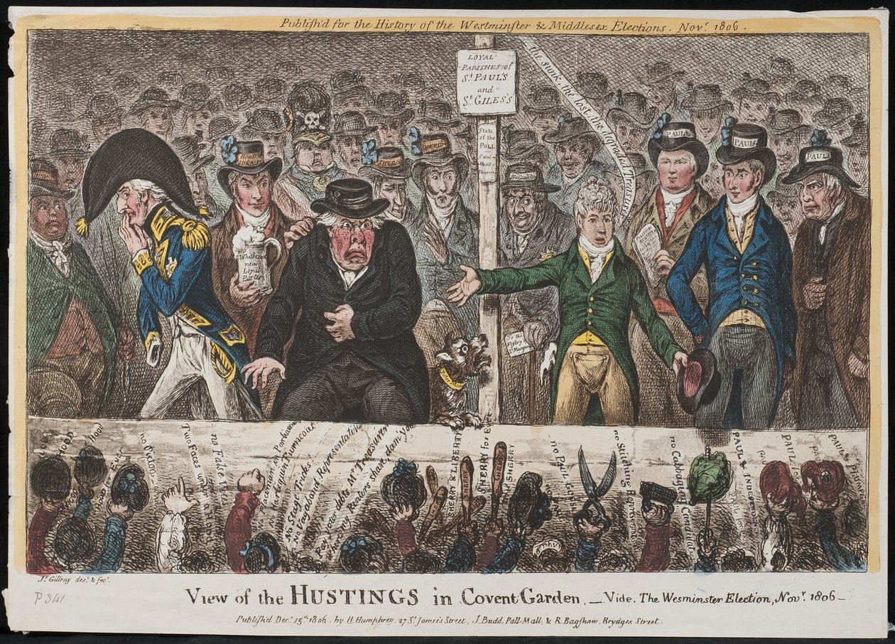 Kilátás a Hustingsre Covent Gardenben – Vide. A westminsteri választás, 1806. november alkotó: James Gillray