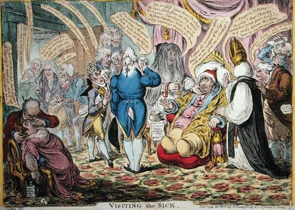 A betegek látogatása, Hannah Humphrey 1806-ban jelentette meg (kézi színezett metszet). alkotó: James Gillray