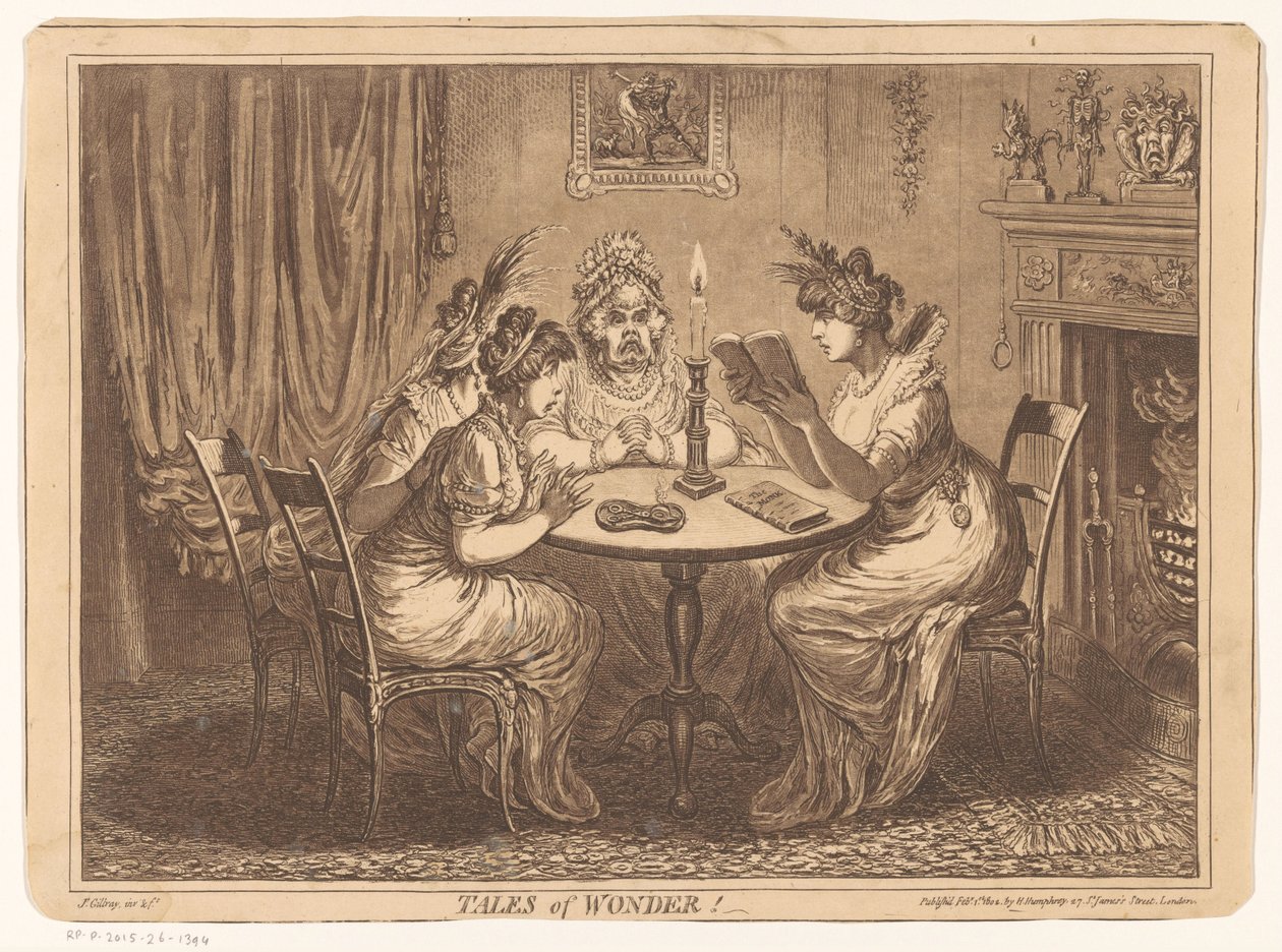 Nő egy horrorregényt olvas Tales of Wonder! (cím a tárgyon) alkotó: James Gillray