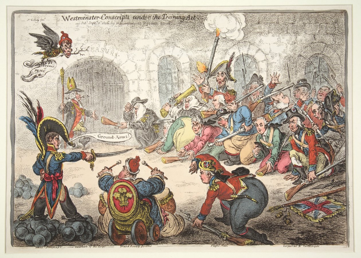 Westminster-Conscripts a képzési törvény értelmében, 1806 (kézzel színes gravírozás) alkotó: James Gillray