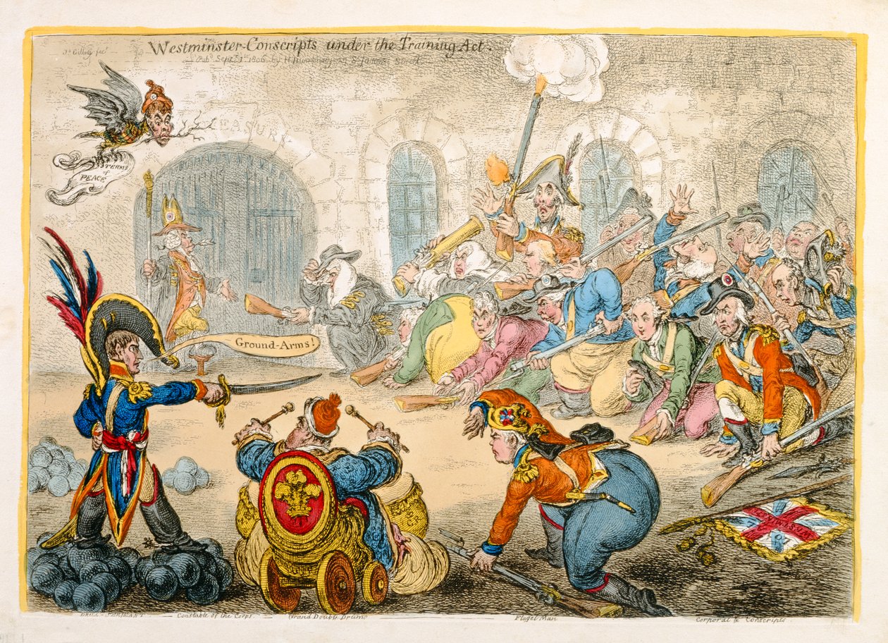 Westminster Conscripts under the Training Act, Hannah Humphrey adta ki 1806-ban (kézzel színezett rézkarc) alkotó: James Gillray