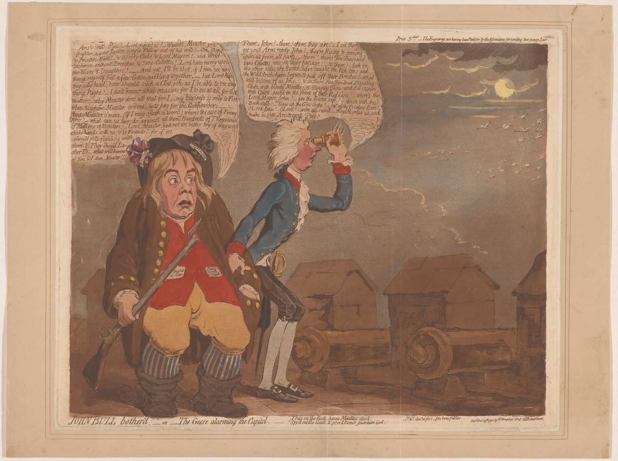 William Pitt és John Bull inváziótól tart John Bull zavarta: vagy a libák riasztották a Capitoliumot (cím a tárgyon) alkotó: James Gillray