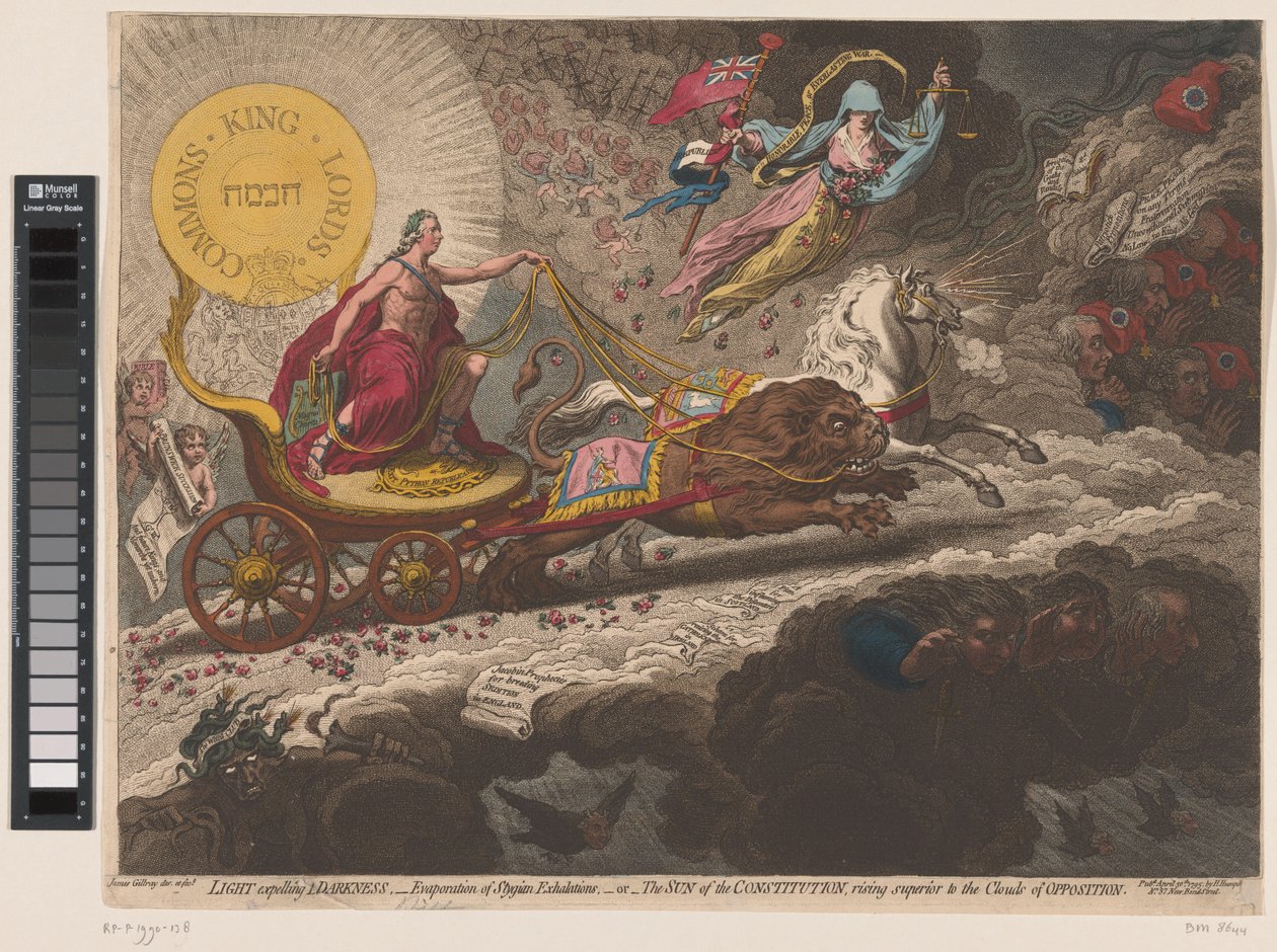 William Pitt verdrijft de duistere krachten, 1795 Fény Kiűzi a sötétséget, - a sztígiai kilégzések elpárolgása, -vagy- az alkotmány napja, amely az ellentét felhői fölé emelkedik (cím a tárgyon) alkotó: James Gillray
