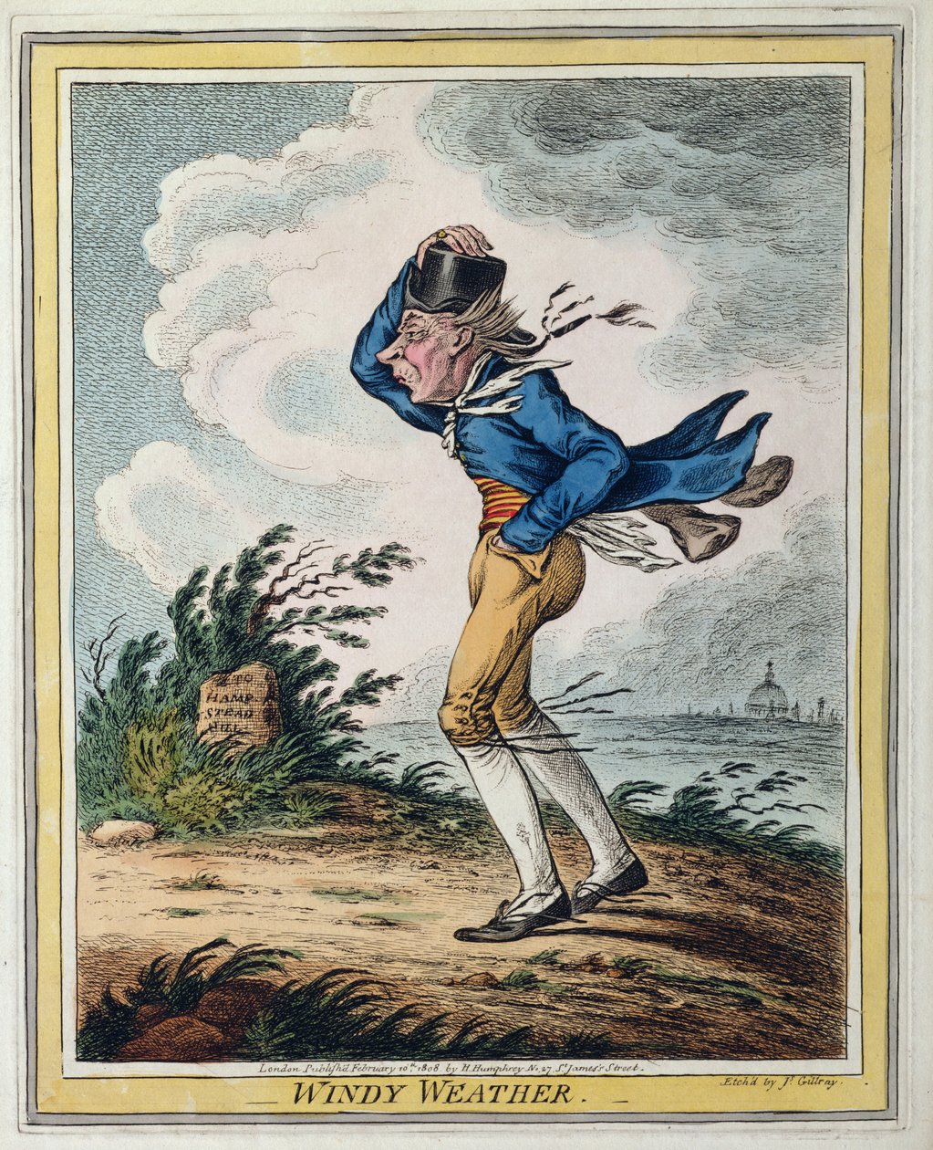 Szeles időjárás, Hannah Humphrey 1808-ban (kézzel színezett rézkarc) alkotó: James Gillray