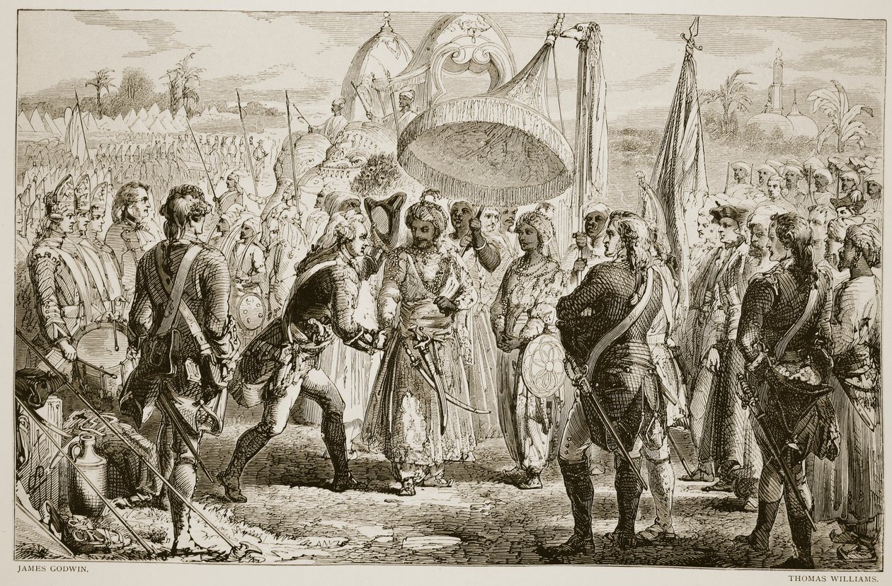 Lord Clive találkozása Meer Jaffierrel a Plassey-i csata után, Thomas Williams metszetében alkotó: James Godwin