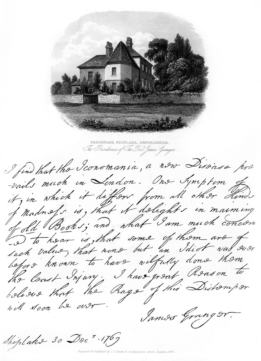 James Granger tiszteletes levele és Shiplake-i rezidenciájának képe, 1769, 1840 alkotó: James Granger