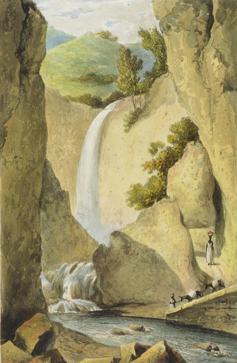 Vízesés a Windward Roadon Kingston közelében, "A festői körút Jamaica szigetén" című filmből, Thomas Sutherland metszetében, 1824 alkotó: James Hakewill