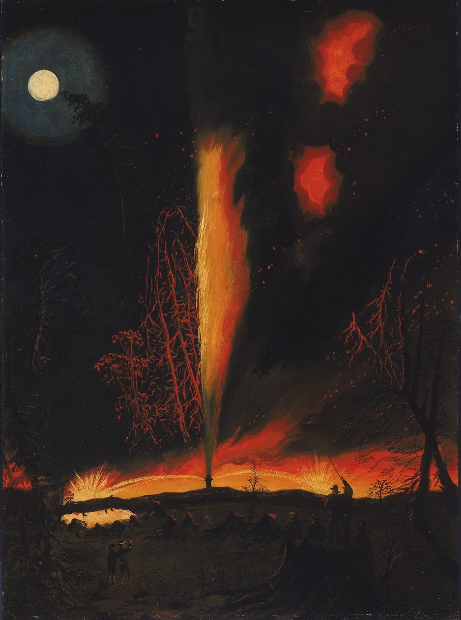 Égő olajkút éjjel, Rouseville közelében, Pennsylvania alkotó: James Hamilton