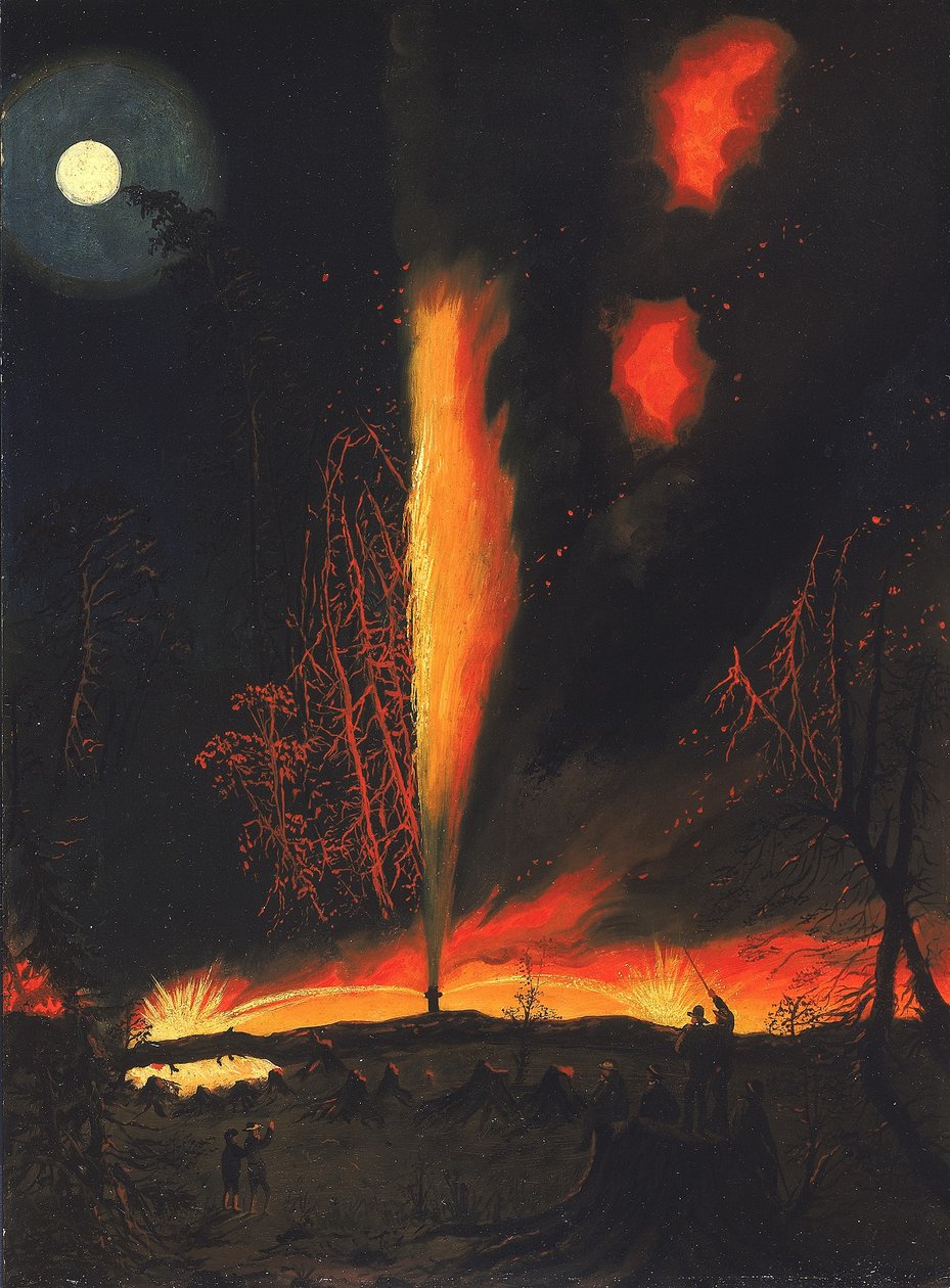 Égő olajkút éjjel, Rouseville közelében, Pennsylvania alkotó: James Hamilton