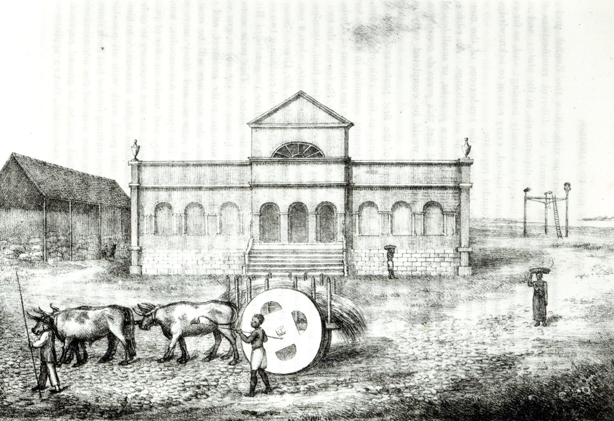 A riói börze, nyilvános trapiche, füves kocsi és akasztófa, illusztráció James Henderson 1821-ben Londonban megjelent „Brazília története” című művéből. alkotó: James Henderson