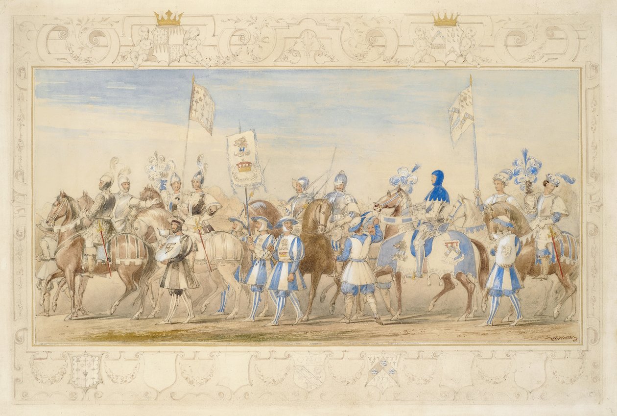 Waterford márki, a sárkány lovagja és Alford vikomt, a fekete oroszlán lovagja kíséretének folytatása, 1839 (ceruza, wc, gouache és aranyfesték papíron) (lásd még: 366229) alkotó: James Henry Nixon