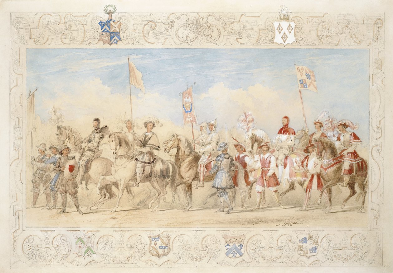 Walter Little Gilmour Esq., The Black Knight és Hon. Edward Stafford Jerningham, a hattyú lovagja, 1839 (ceruza, wc és gouache papíron) alkotó: James Henry Nixon