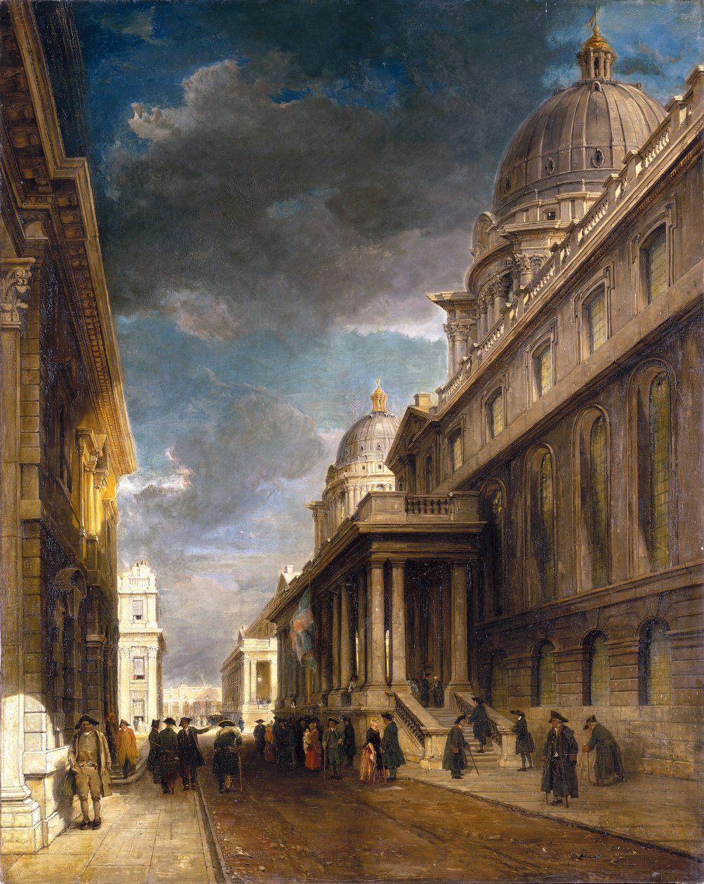 Greenwichi kórház (Anglia) (ma College Walk), nyugatról a Grand Square felé nézve. Olaj, vászon alkotó: James Holland