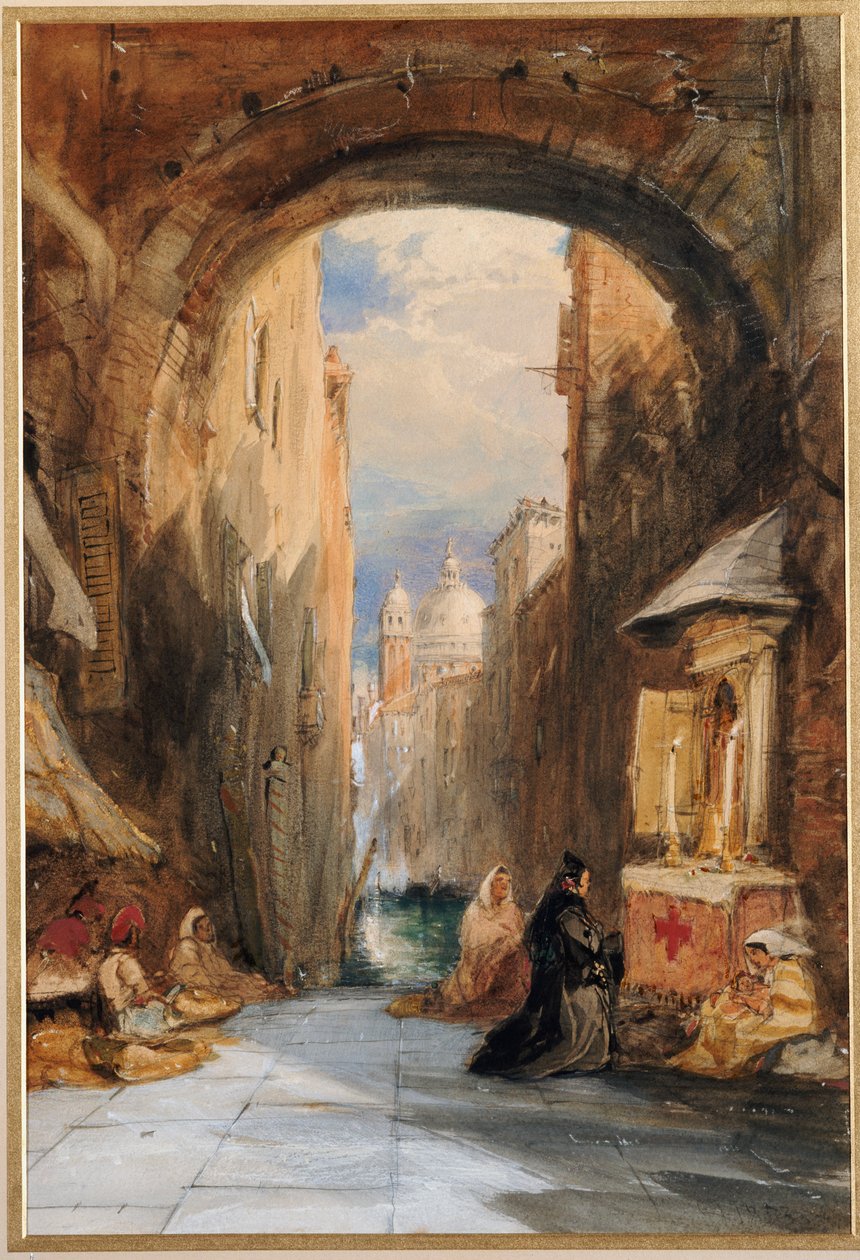 Velence: Edicola egy boltív alatt, Santa Maria della Salute a távolban, 1853 alkotó: James Holland