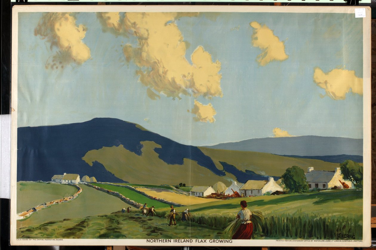 Észak-Írország – Lentermesztés, a „The Home Countries First” sorozatból (színes litho) alkotó: James Humbert Craig