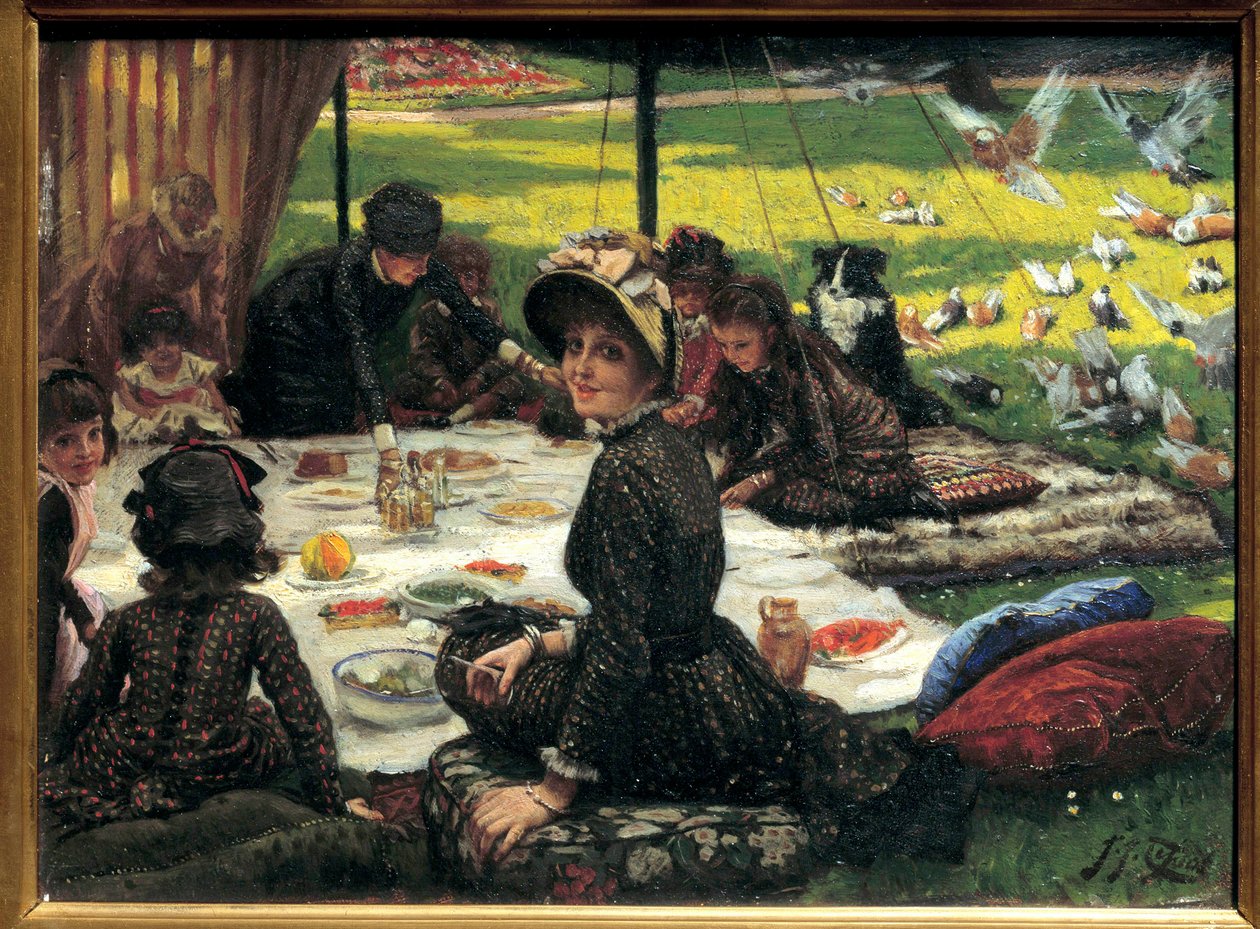 Reggeli a füvön Családi piknik jelenet. Jacques Joseph (Jacques-Joseph) Tissot festménye, James Tissot (1836-1902) alkotó: James Jacques Joseph Tissot