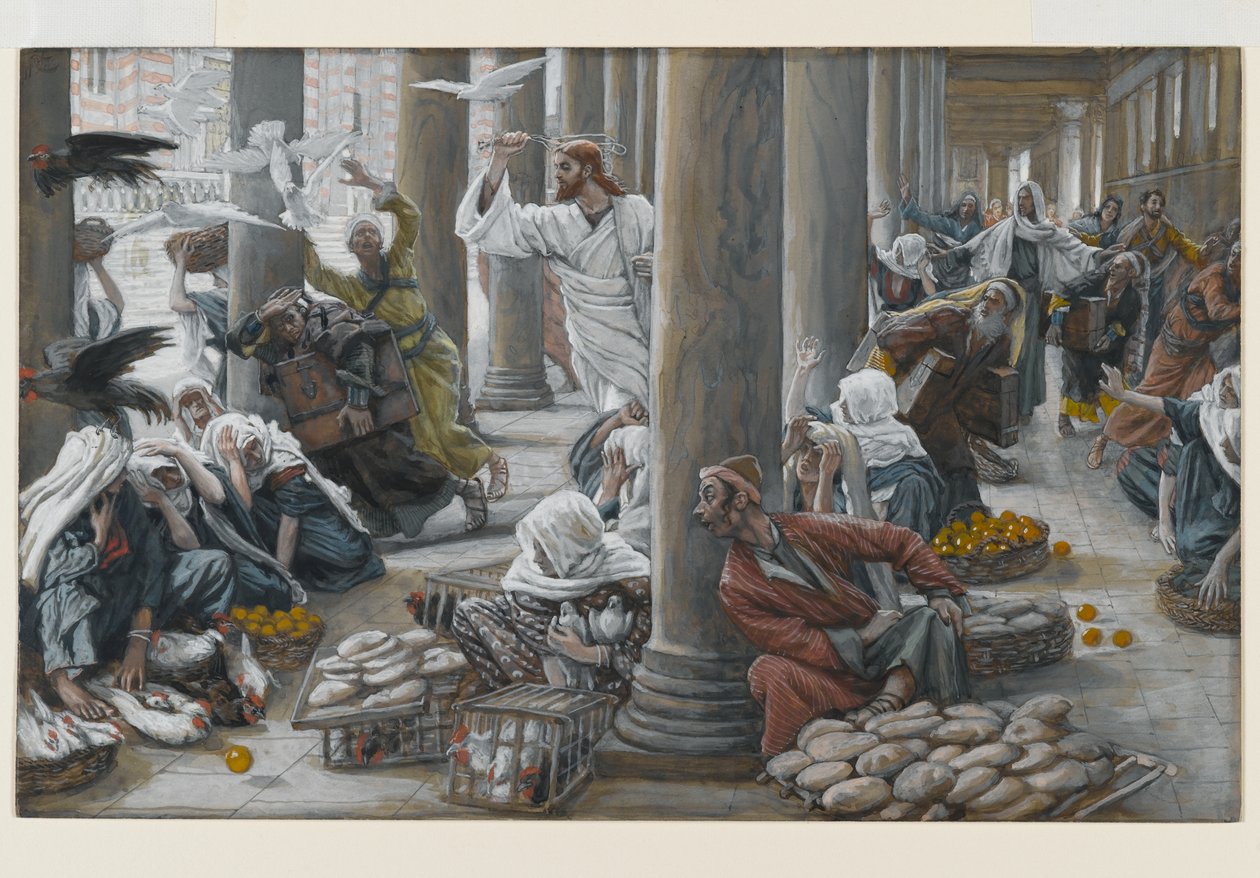 Krisztus kiűzi azokat, akik eladták és vásárolták a templomban, illusztráció a Krisztus életéhez, 1884-96 (wc és gouache kartonon) alkotó: James Jacques Joseph Tissot