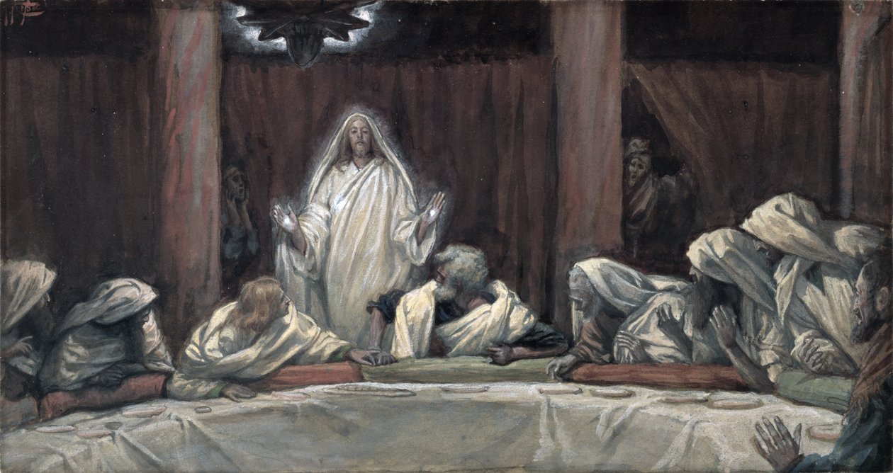 Megjelent a tizenegynek, amint a húsnál ültek, illusztráció a Krisztus élete, 1884-96 körül (wc és gouache kartonon) alkotó: James Jacques Joseph Tissot