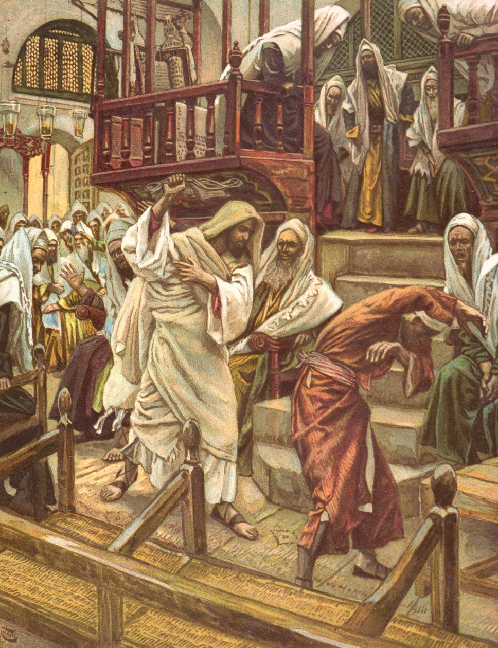 Jézus meggyógyít egy démontól megszállt embert a zsinagógában, illusztráció a „La Vie de notre Seigneur Jesus-Christ” című műhöz, megjelent Tours 1896-ban alkotó: James Jacques Joseph Tissot