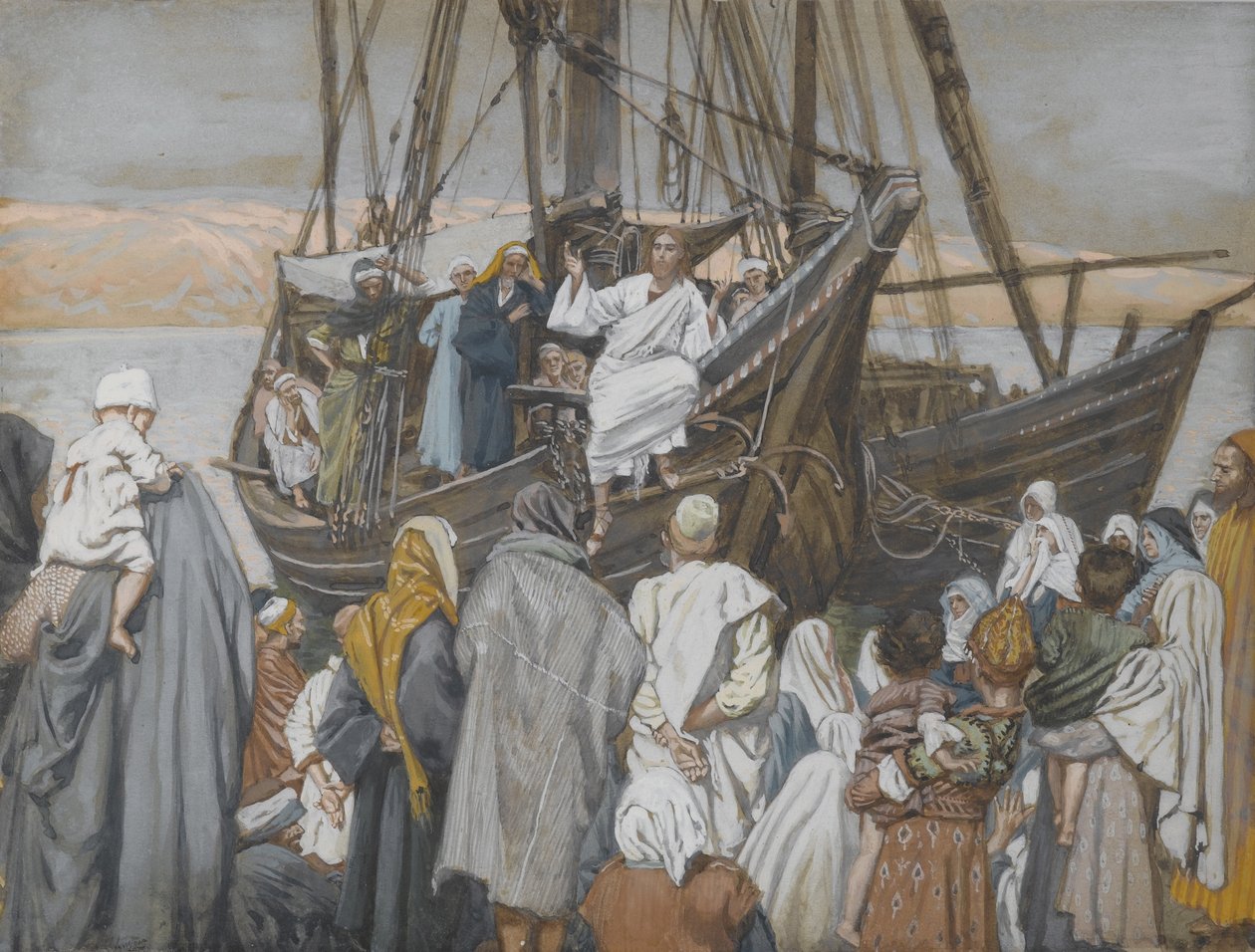 Jézus prédikál egy hajón, illusztráció a mi Urunk Jézus Krisztus életéből (wc grafit fölött, papíron) alkotó: James Jacques Joseph Tissot