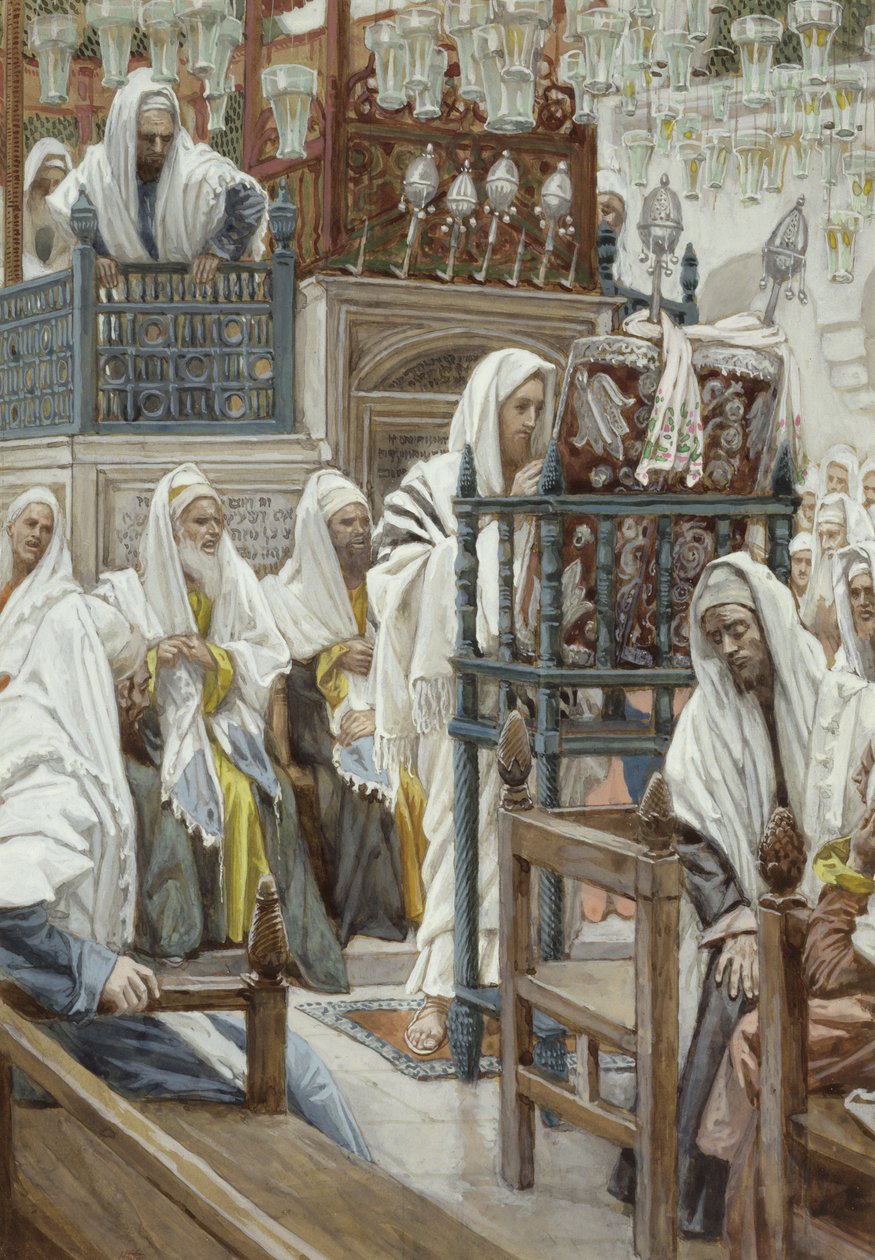 Jézus kibontja a könyvet a zsinagógában, illusztráció: Krisztus élete, 1886-96 (wc papíron) alkotó: James Jacques Joseph Tissot