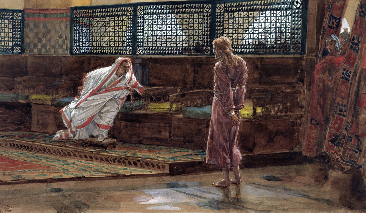 Jézus először Pilátus előtt, illusztráció a Krisztus életéhez, 1886-94 körül (wc és gouache kartonon) alkotó: James Jacques Joseph Tissot