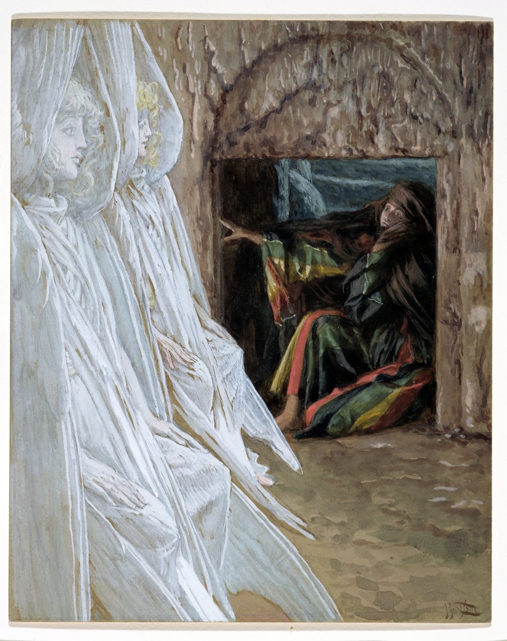 Mária Magdolna megkérdőjelezi az angyalokat a sírban, illusztráció: Krisztus élete, 1886-94 (wc és gouache kartonon) alkotó: James Jacques Joseph Tissot