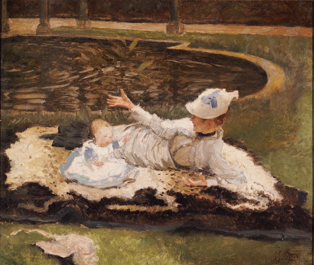 Mrs. Newton egy gyerekkel egy medence mellett alkotó: James Jacques Joseph Tissot
