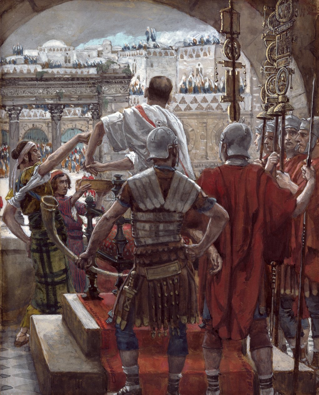 Pilátus kezet mos, illusztráció a Krisztus életéhez, 1886-94 körül (wc és gouache kartonon) alkotó: James Jacques Joseph Tissot
