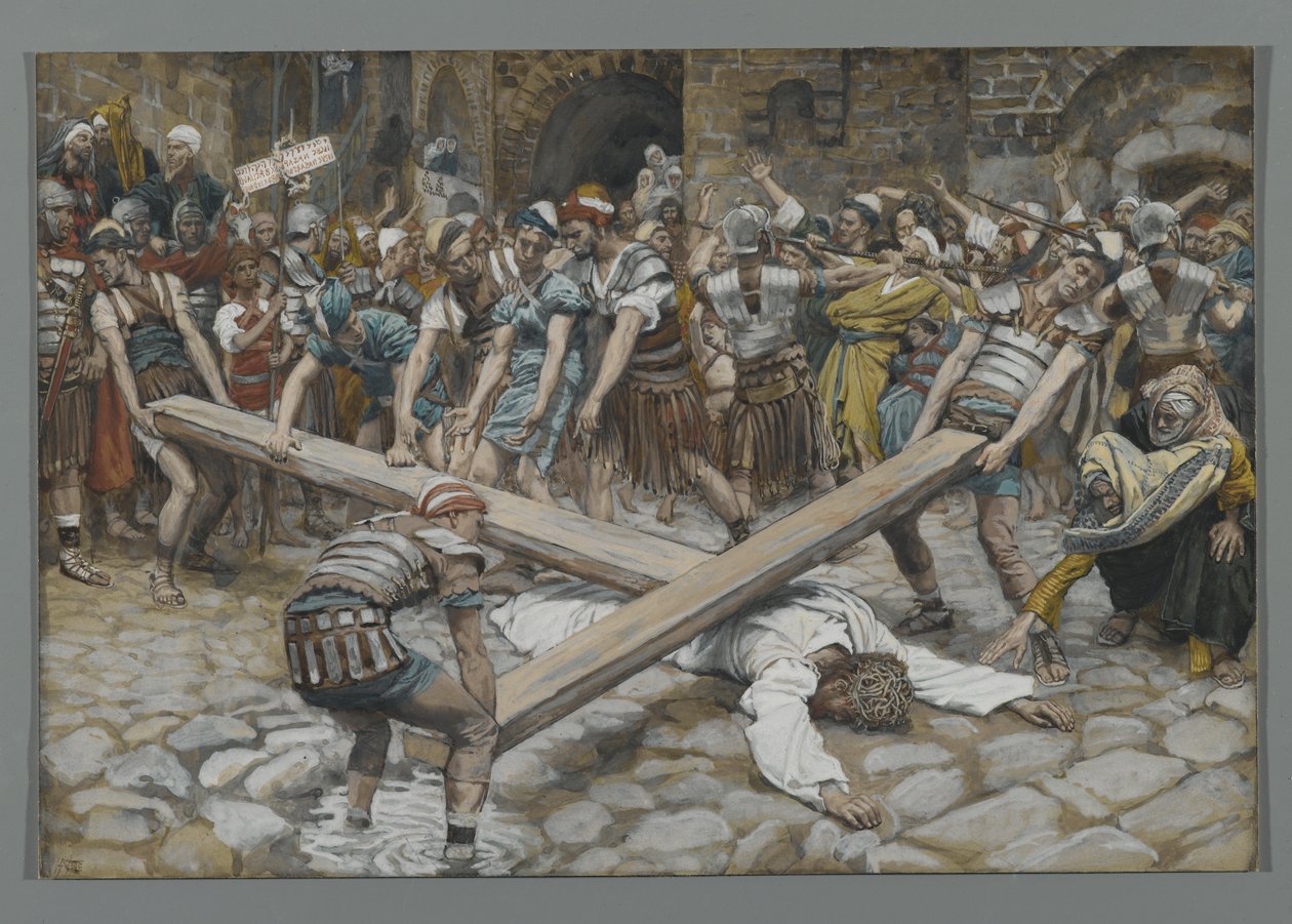 Ciréni Simon, aki kénytelen hordozni a keresztet Jézussal, illusztráció: Urunk Jézus Krisztus élete, 1886-94 (wc grafit fölött, papíron) alkotó: James Jacques Joseph Tissot