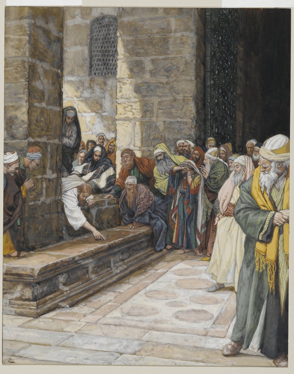 A házasságtörő asszony – Krisztus a földön ír, illusztráció az Urunk, Jézus Krisztus élete, 1886-94 (wc grafit felett papíron) című könyvéből alkotó: James Jacques Joseph Tissot