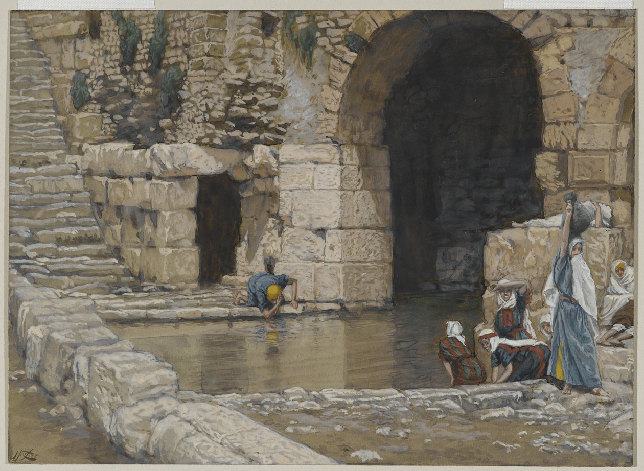 A vak ember mosakod a Siloám tavában, illusztráció: Urunk Jézus Krisztus élete, 1886-96 (wc grafit fölött, papíron) alkotó: James Jacques Joseph Tissot