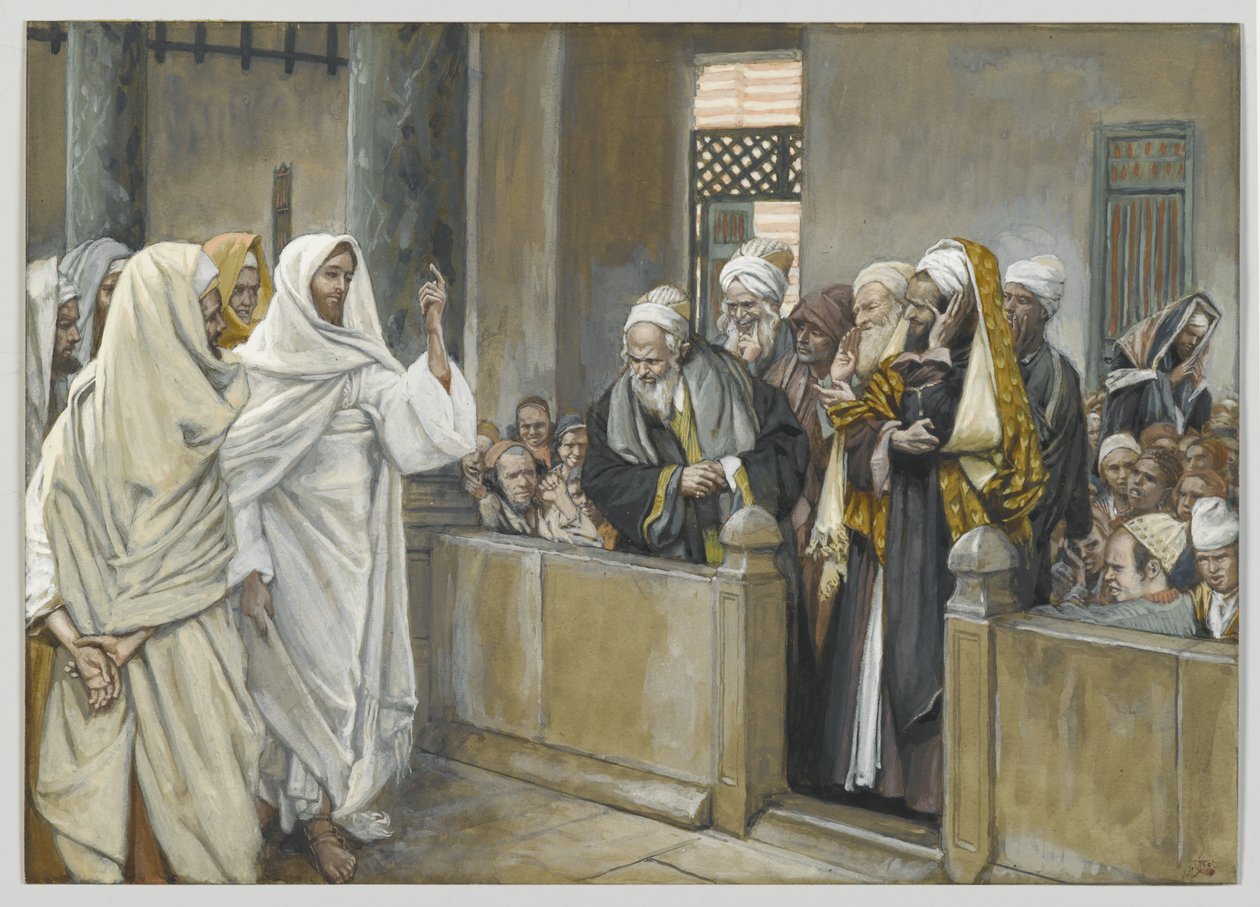 A főpapok azt kérdezik Jézustól, hogy milyen jogon cselekszik így, illusztráció: Urunk Jézus Krisztus élete, 1886-94 (wc grafit fölött, papíron) alkotó: James Jacques Joseph Tissot