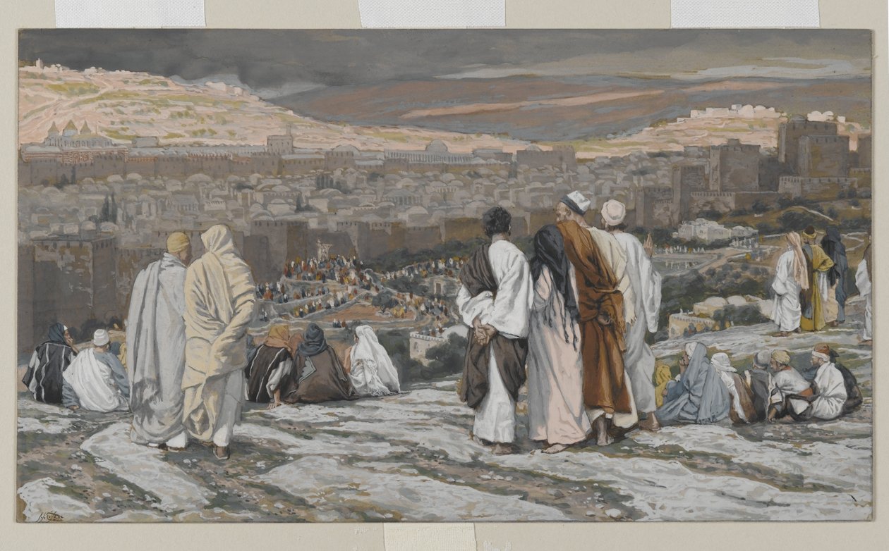 A búvóhelyüket elhagyó tanítványok Agóniában távolról figyelik, illusztráció az Urunk Jézus Krisztus élete, 1886-94 (wc grafit fölött, papíron) alkotó: James Jacques Joseph Tissot