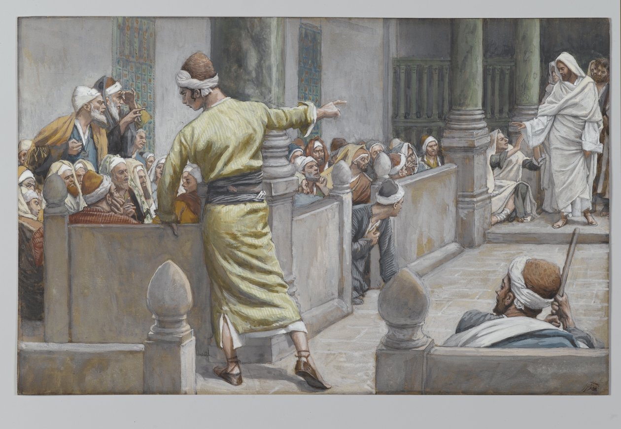 A meggyógyult vak ember elmeséli történetét a zsidóknak, illusztráció: Urunk Jézus Krisztus élete, 1886-96 (wc grafit fölött, papíron) alkotó: James Jacques Joseph Tissot
