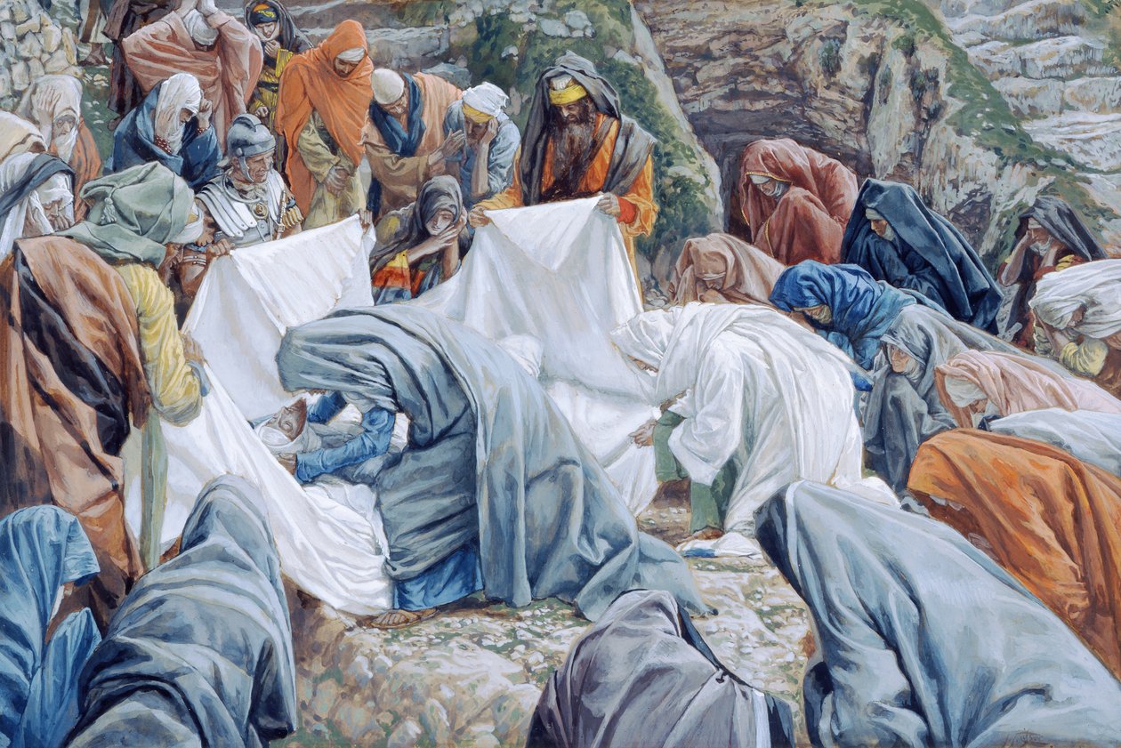 A Szent Szűz megcsókolja Krisztus arcát, mielőtt bebugyolálják a tekercslapba, illusztráció: Krisztus élete, 1886-94 (wc és gouache kartonon) alkotó: James Jacques Joseph Tissot