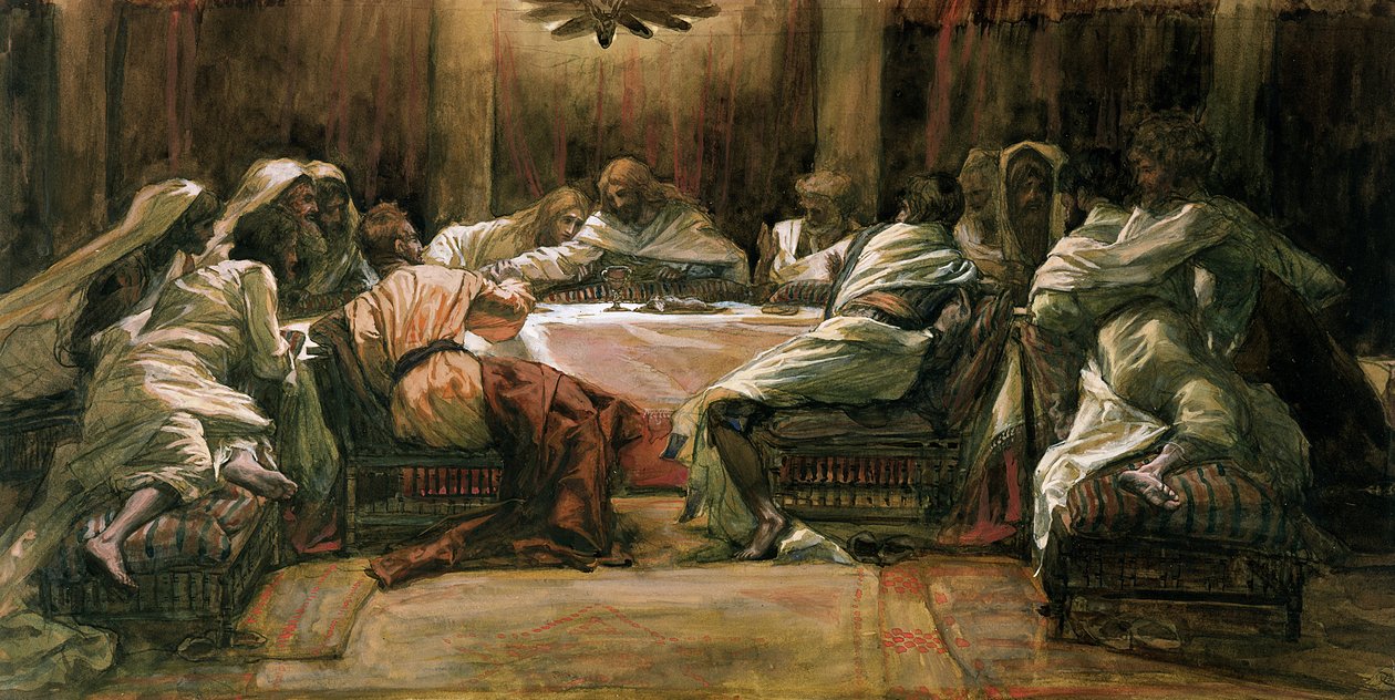 Az utolsó vacsora. Júdás kezét az edénybe mártva, illusztráció a Krisztus életéhez, 1884-96 körül (wc és gouache kartonon) alkotó: James Jacques Joseph Tissot