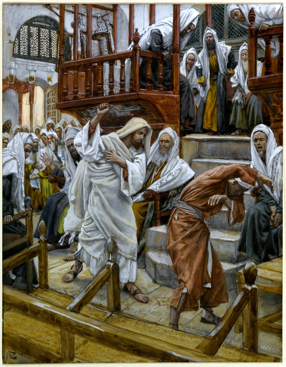 Ördögtől megszállt ember a zsinagógában, illusztráció a Krisztus életéhez, 1884-96 (wc és gouache kartonon) alkotó: James Jacques Joseph Tissot