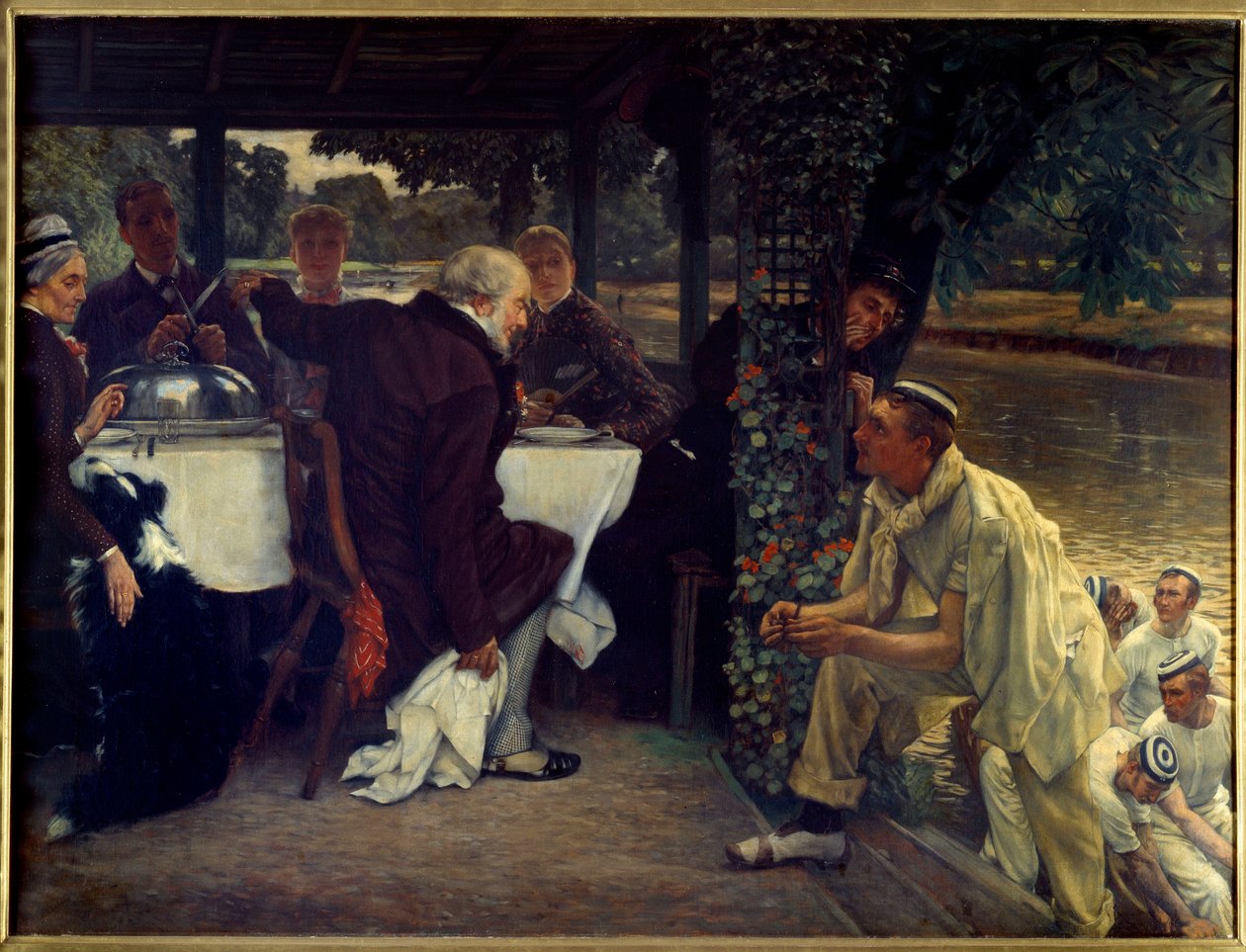 A tékozló fiú visszatérése: a kövér borjú A bűnbánó apjához visszatérő tékozló gyermek példázatának modern adaptációja. Jacques Joseph (Jacques-Joseph) festménye Tissot dit James Tissot (1836-1902) 1880 V. 1x1,3 m Nantes, musee des Beaux alkotó: James Jacques Joseph Tissot