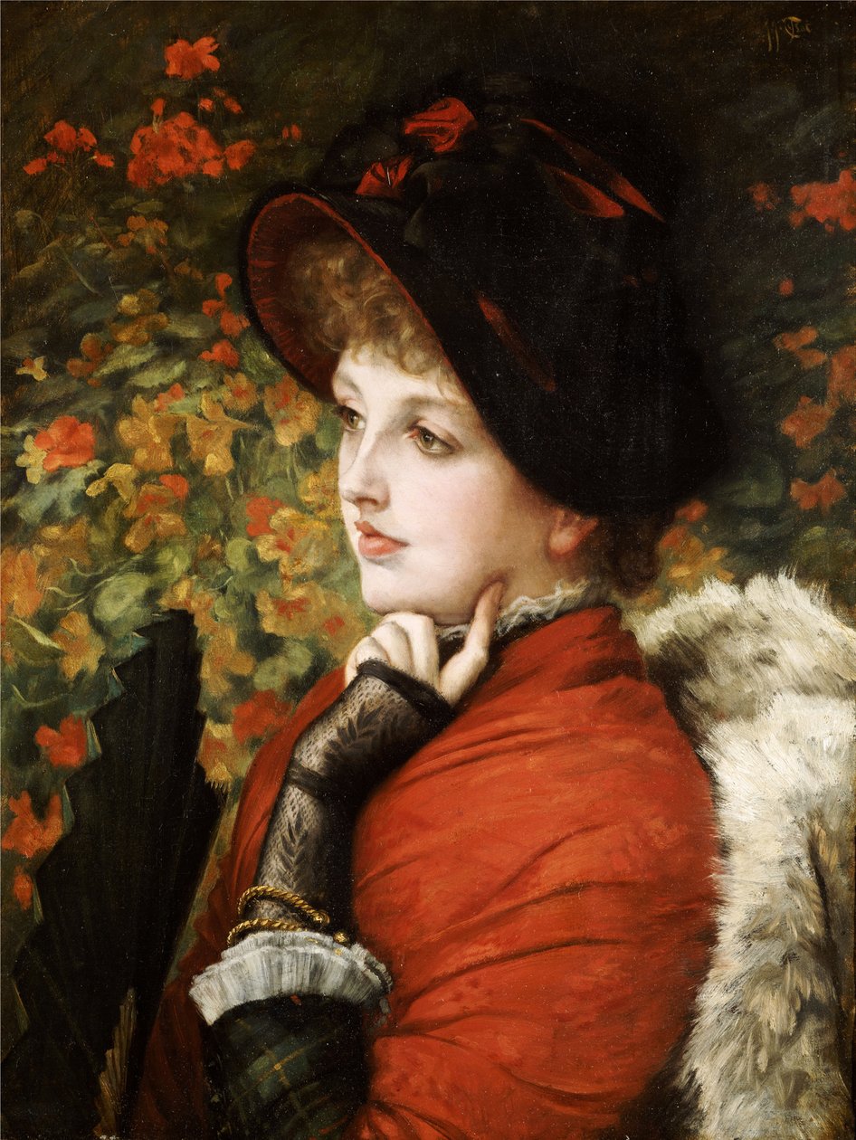 A szépség típusa: Mrs. Kathleen Newton portréja piros ruhában és fekete motorháztetőben, 1880 alkotó: James Jacques Joseph Tissot