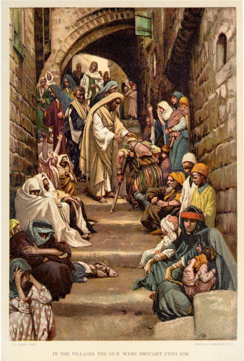 A falvakban a betegeket vitték hozzá – Biblia alkotó: James Jacques Joseph after Tissot