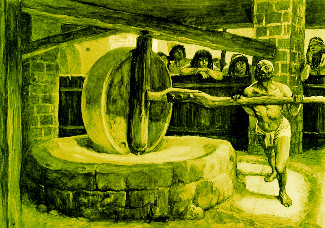 Sámson malmot forgat a börtönben – Biblia alkotó: James Jacques Joseph after Tissot