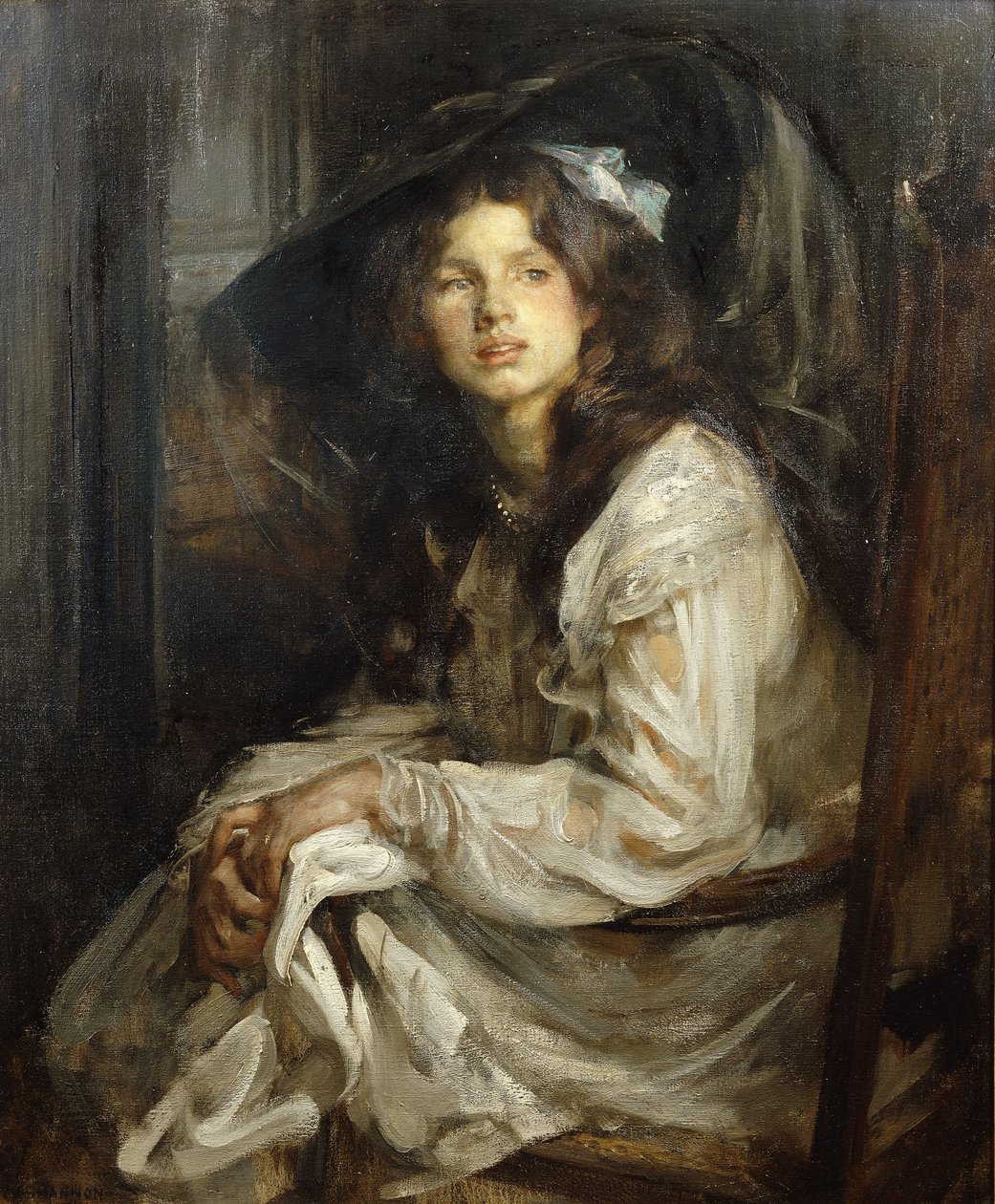 Lány ül egy széken, alkotó: James Jebusa Shannon