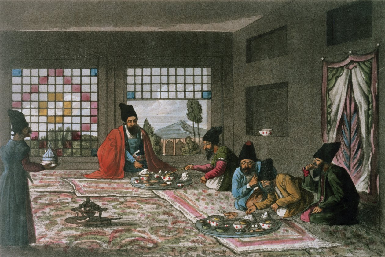 Theodore H.A. metszett perzsa reggeli a "Második utazás Perzsián keresztül 1810-16" c. Fielding (1781-1851) alkotó: James Justinian (after) Morier