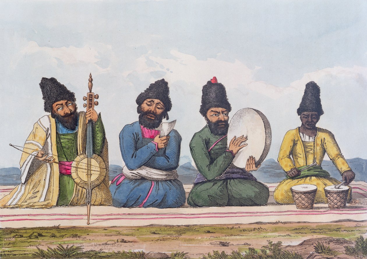 Perzsa zenészek egy második utazásból Perzsián keresztül 1810-16, metszet: Theodore H.A. Fielding (1781-1851), 1818 alkotó: James Justinian Morier