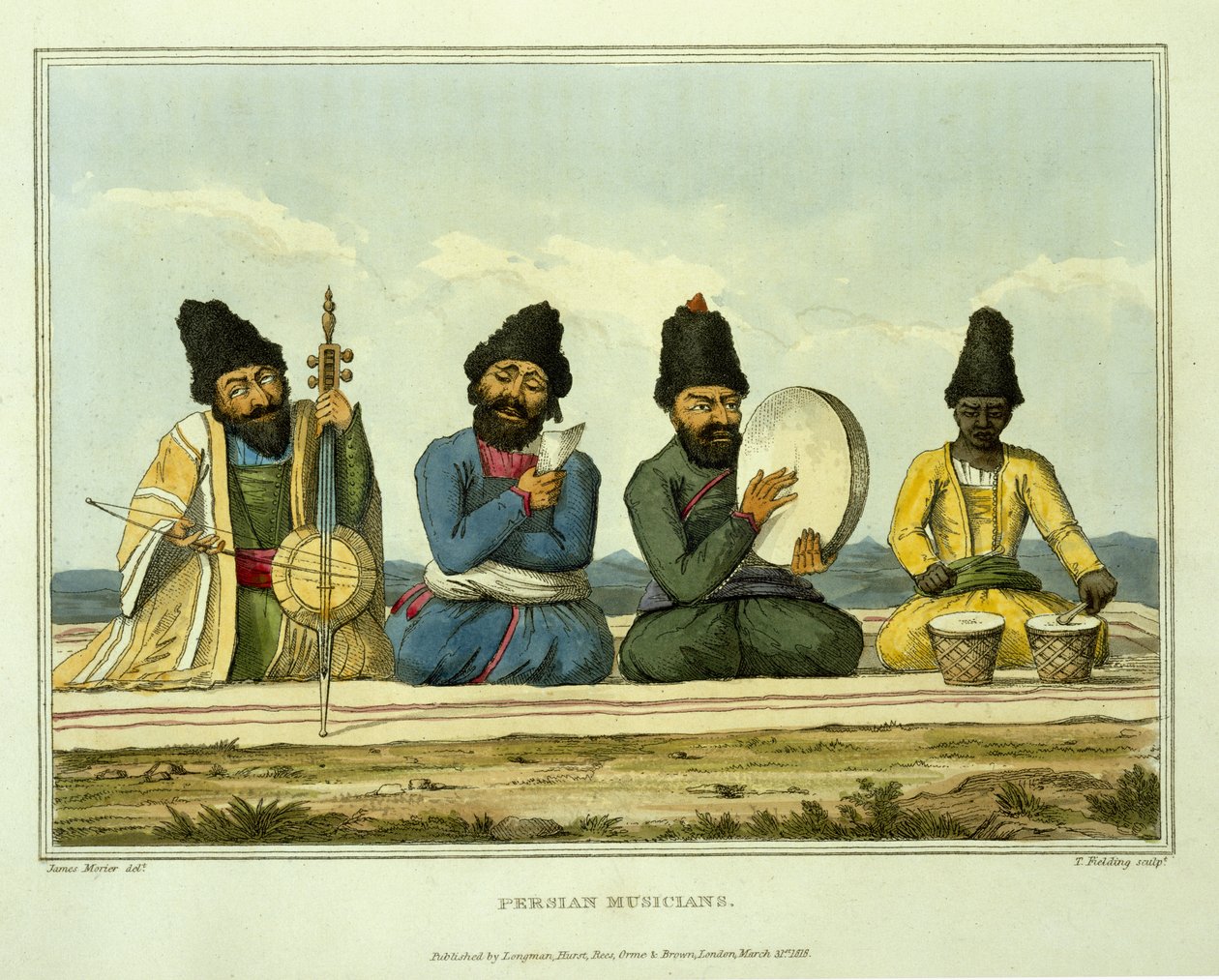 Perzsa zenészek: „Utazás Perzsián, Örményországon és Kis-Ázsián át Konstantinápolyig, 1808-ban és 1809-ben”, T. Fielding metszete, 1816-ban megjelent alkotó: James Justinian Morier