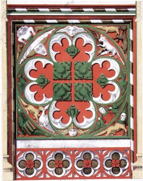 Részletek egy festett paravánról a norfolki Dickleburgh templomban, a "Gothic Ornaments"-ből, J.R Jobbins metszete alkotó: James Kellaway (after) Colling
