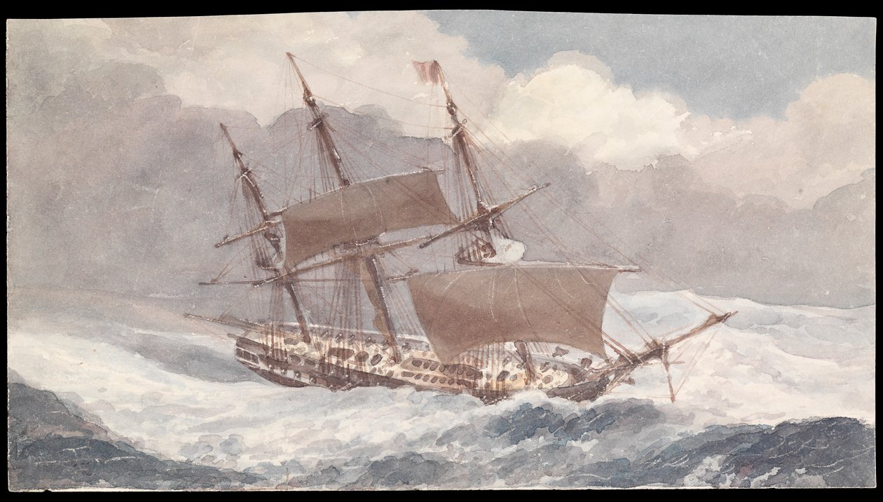 A Barham Szardínia déli részénél, Angliába tartó hajó Sir Pulteney Malcolm ellentengernagy kíséretében, 19. század közepe (akvarell) alkotó: James Kennett Willson